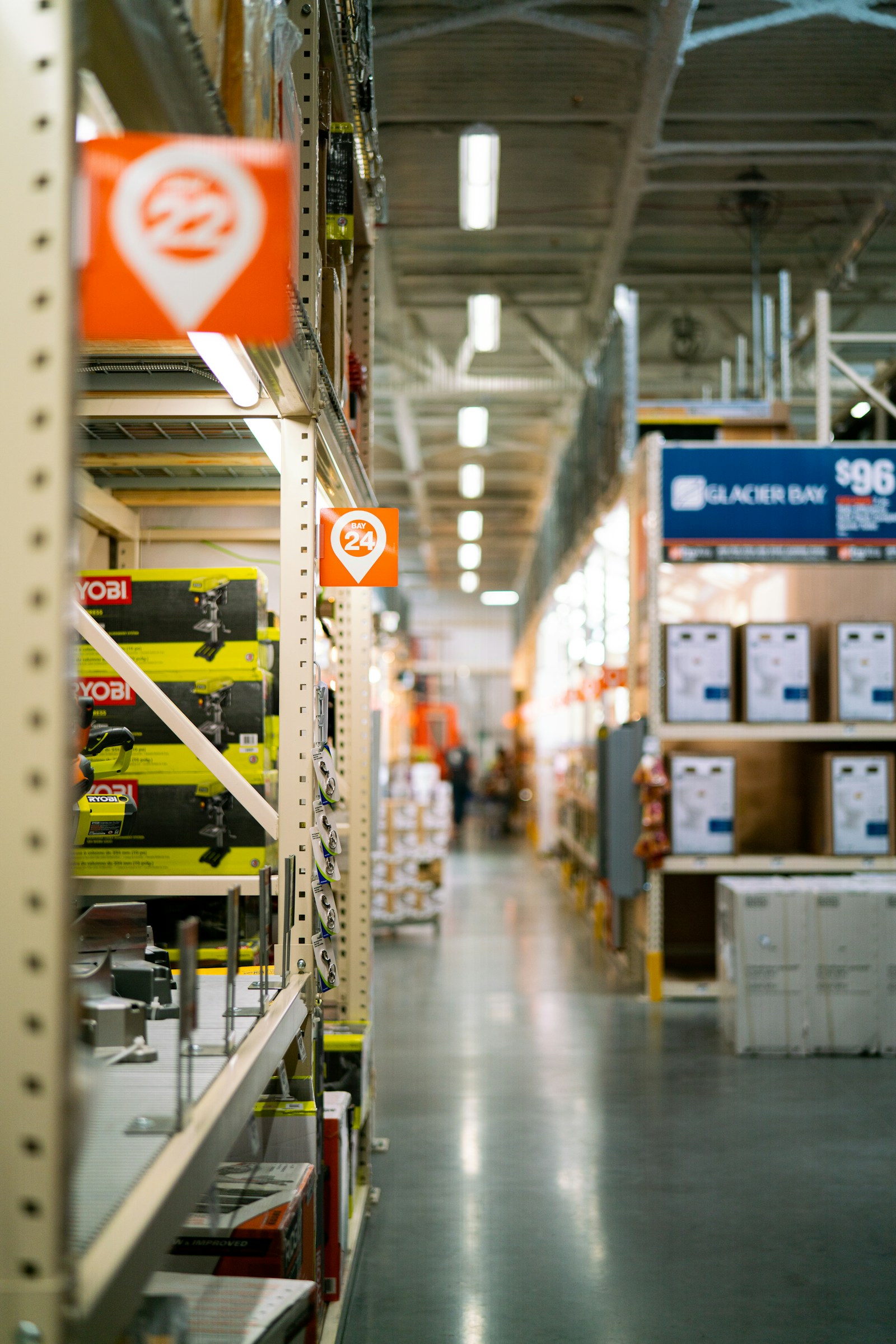 Hardware store aisles stocked with consumables