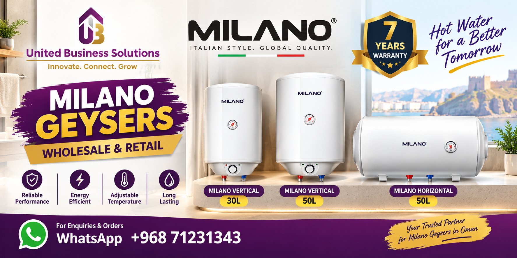 Milano Geysers — Wholesale & Retail by UBS Build Pro. 7 years warranty. For enquiries and orders WhatsApp +968 7123 1343